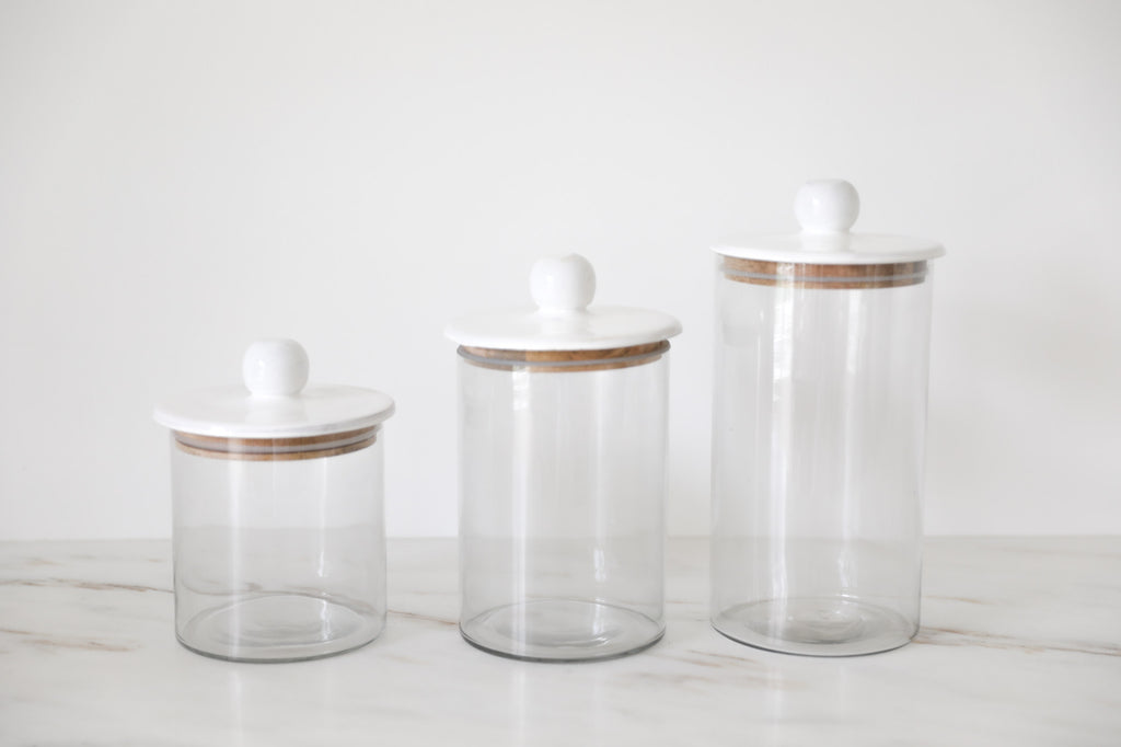 WHITE LIDDED CANISTERS, SET OF 3