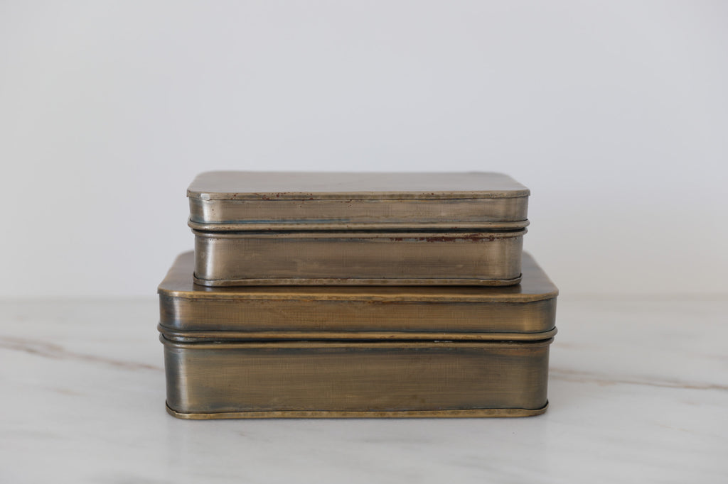 Antique Brass Lidded Boxes, brass box, brass decor, shelf decor