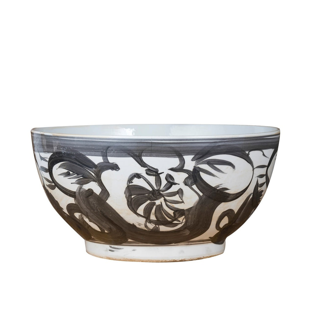 BLACK AND WHITE FLORAL BOWL - LARGE