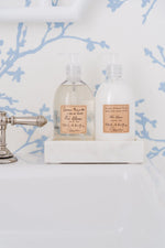 White Tea Liquid Hand Soap and Hand Lotion in Small Marble Tray