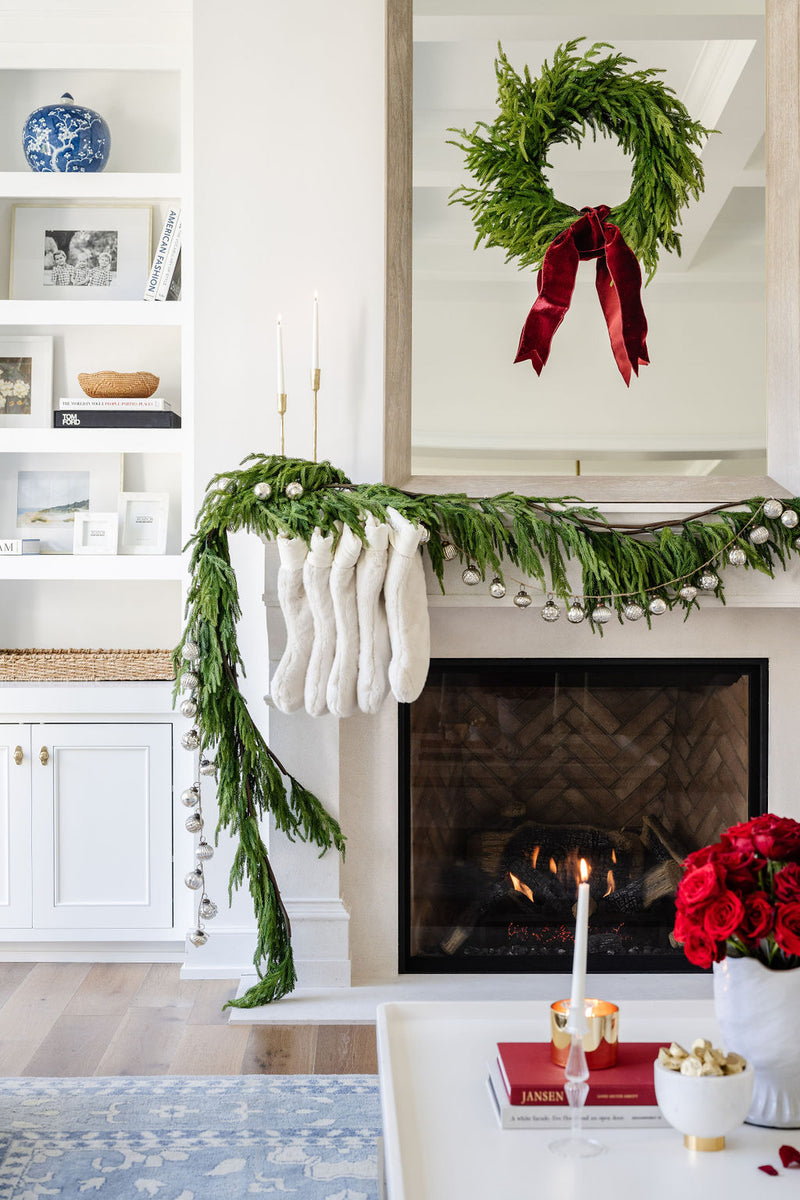 Embossed Mercury Glass Ornament Garland on christmas mantel